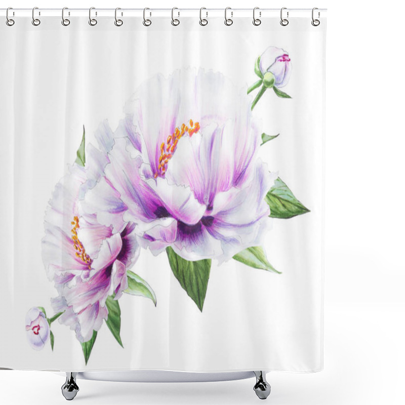 Personality  White Peony Flowers Illustration On White Background Shower Curtains