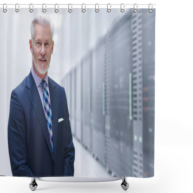 Personality  Senior Businessman In Server Room Shower Curtains