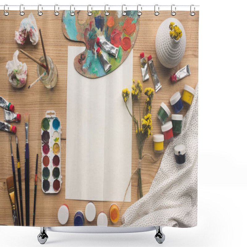 Personality  Sheet Of Paper And Palette With Paints Shower Curtains