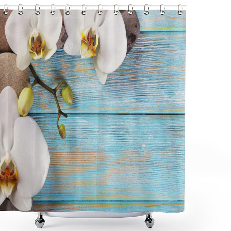 Personality  Spa Stones And Orchid Flower On Wooden Background Shower Curtains