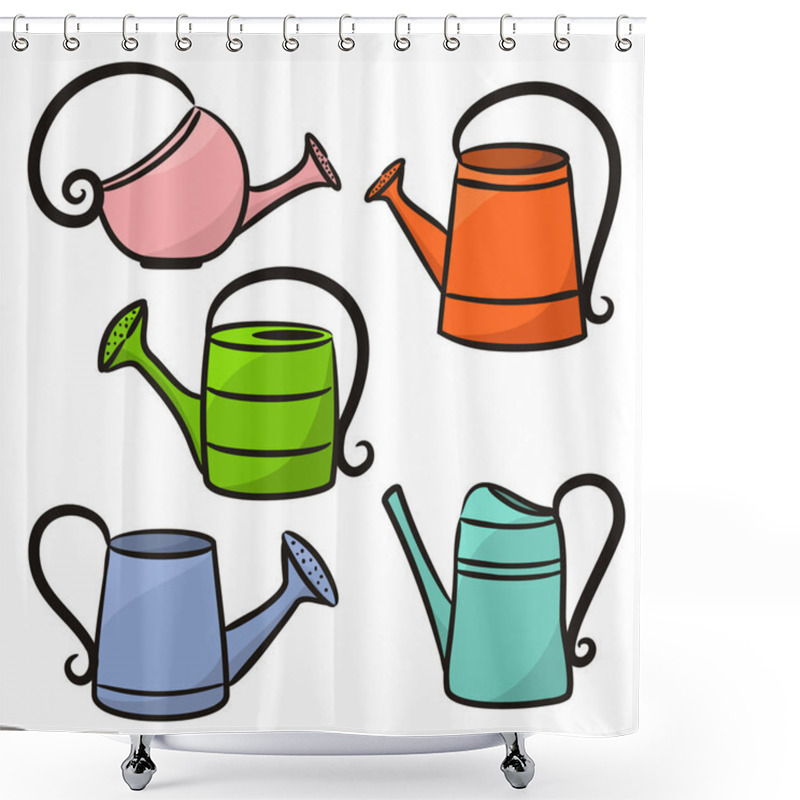 Personality  Set Of Hand-drawn Cute Watering Cans. Garden Canister Icons Isolated On White Background. Spring Vector Illustration For Banner Design, Web Design, Posters And Cards. Shower Curtains