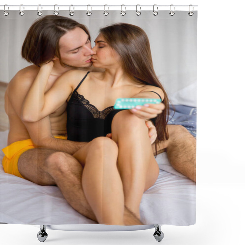 Personality  Girl Holding Contraceptive Pills Shower Curtains