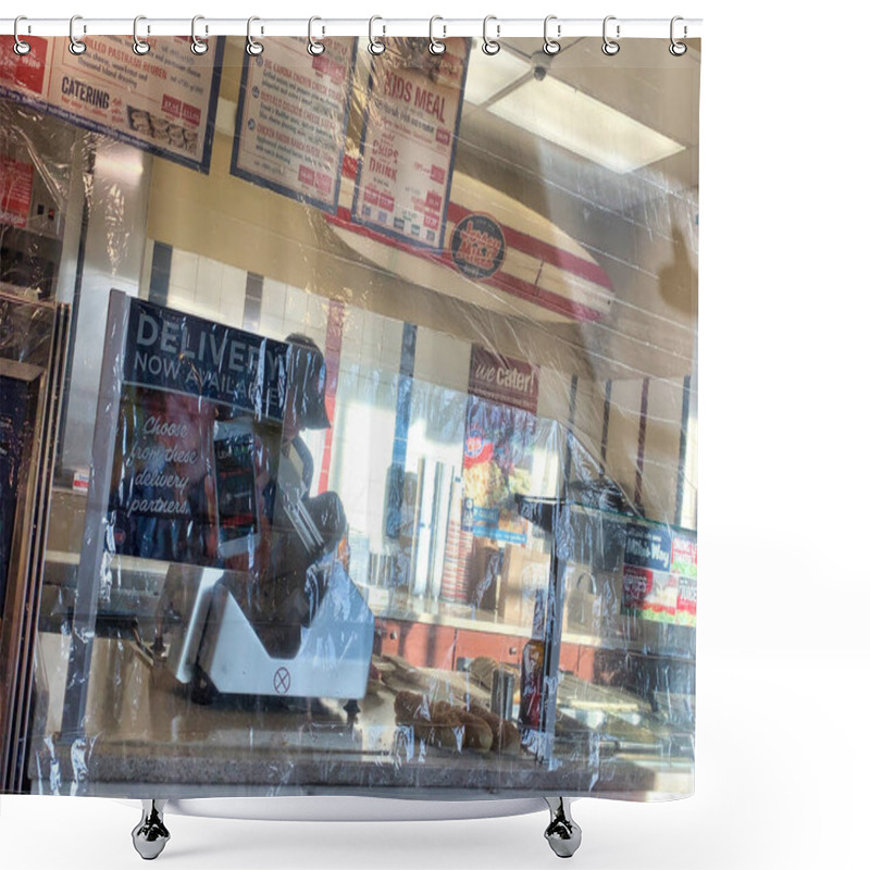 Personality  Dayton, OH- April 2, 2020: Plastic Wrap Safety Guard Over Food At Jersey Mike's Subs To Protect Employees From Coronavirus Due To Coughs And Sneezes From COVID-19 Customers Shower Curtains