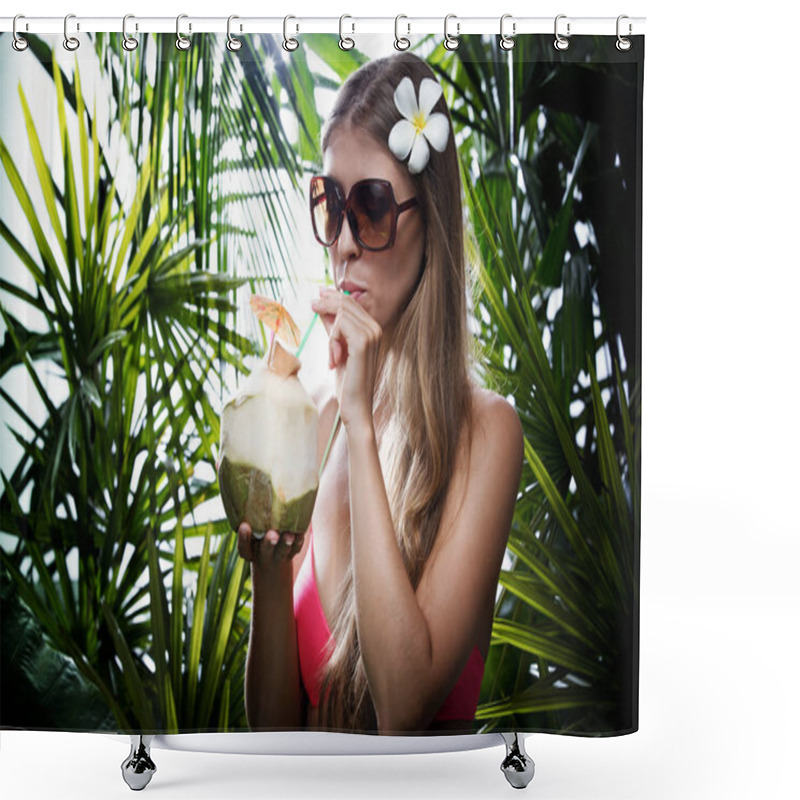 Personality  Portrait Of Nice Young Woman Is Hanging In Tropical Jungle Shower Curtains