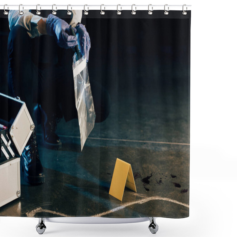 Personality  Cropped View Of Investigator In Uniform With Evidence At Crime Scene Shower Curtains