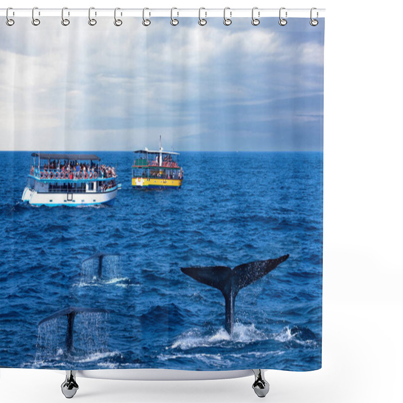 Personality  Sri Lanka, Mirissa - June 30, 2022: Tourist Boats And Whale Tails Ocean View, Whales Watching Safari. Shower Curtains