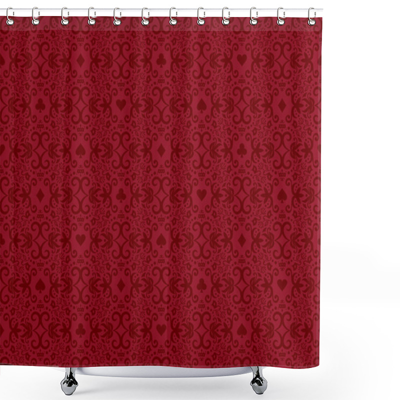 Personality  Red Seamless Poker Background With Dark Red Damask Pattern And Cards Symbols Shower Curtains