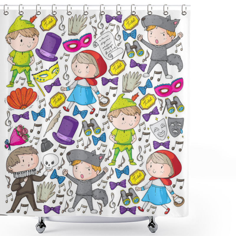 Personality  Perfomance, Theatre With Little Children. Kindergarten Kids In Fairy Tale Scenes. Young Actors Perfoming Red Riding Hood And Shakespeare Hamlet. Robin Hood Costume. Shower Curtains