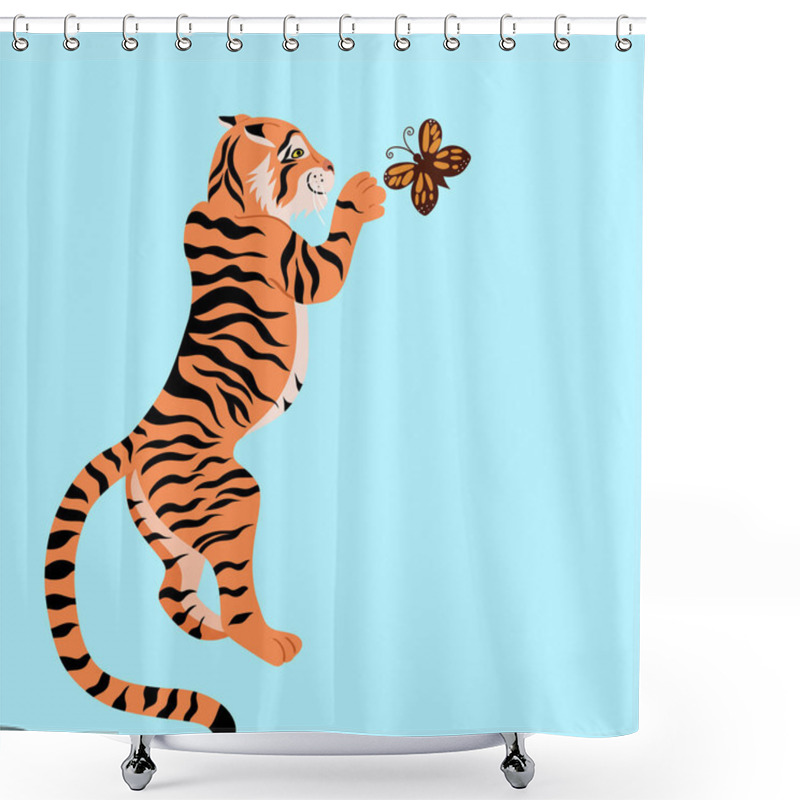 Personality  A Tiger Is Playing With A Butterfly. Vector Image Shower Curtains