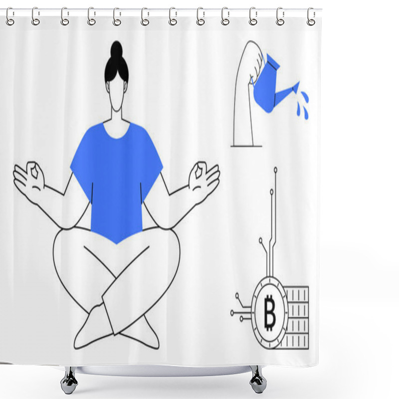 Personality  Meditating Person In Blue Shirt, A Hand Using A Watering Can, And A Blockchain Symbol. Ideal For Wellness, Technology, Growth, Balance, And Financial Themes. Clean Vector Art Shower Curtains