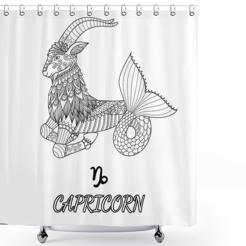 Personality  Line Art Design Of Capricorn Zodiac Sign For Design Element And Adult Coloring Book Page. Vector Illustration Shower Curtains