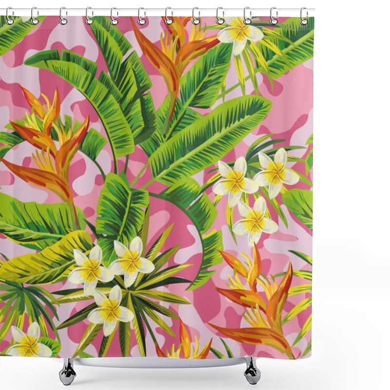 Personality  Tropical Exotic Plumeria Flowers With Green Leaves Of Banana Palm On A  Pink Camo Background. Seamless Pattern. Fashion Trendy Summer Wallpaper Shower Curtains