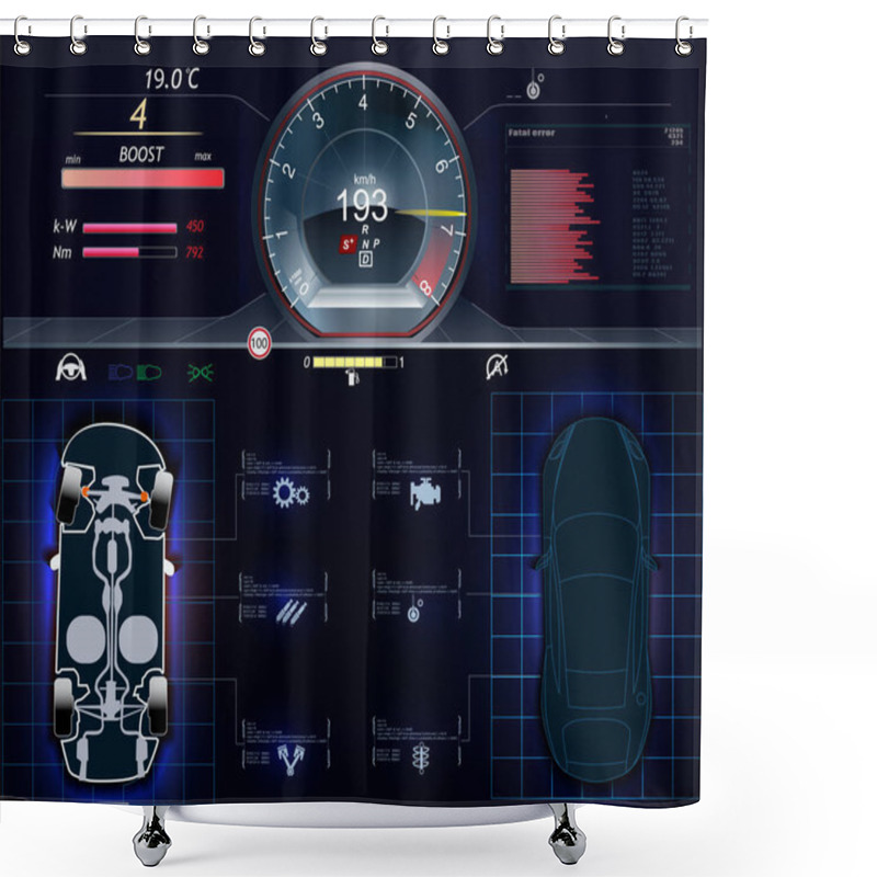 Personality  Futuristic User Interface. Car Service In The Style Of HUD. Virtual Graphical Interface Ui HUD Autoscanning, Analysis And Diagnostics, Abstract Vector Science. Car Dashboard. Speedometer Auto Shower Curtains