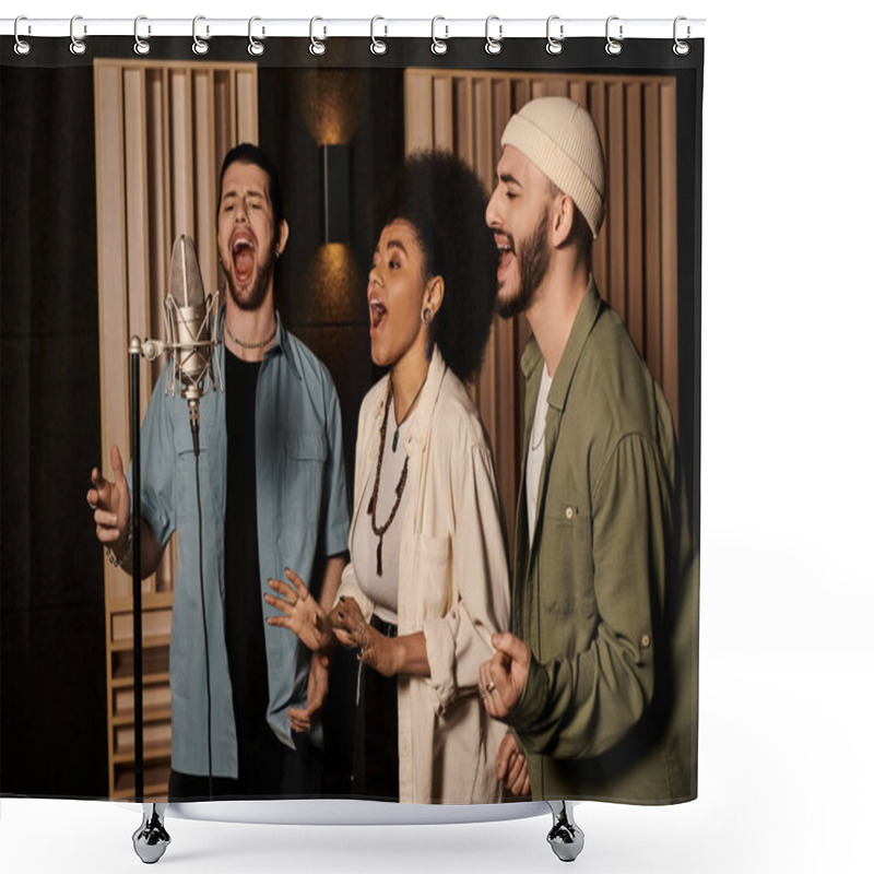 Personality  A Diverse Group Of Musicians Passionately Singing Together In A Vibrant Recording Studio During A Band Rehearsal Session. Shower Curtains