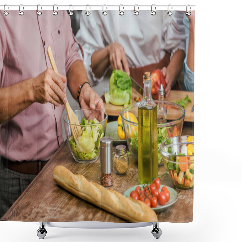 Personality  Cropped Image Of Mature Friends Preparing Salad For Dinner Together At Home Shower Curtains