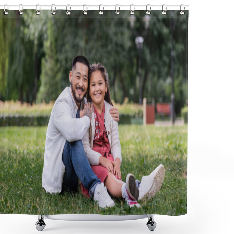 Personality  Positive Asian Man Hugging Daughter While Sitting On Grass In Summer Park  Shower Curtains