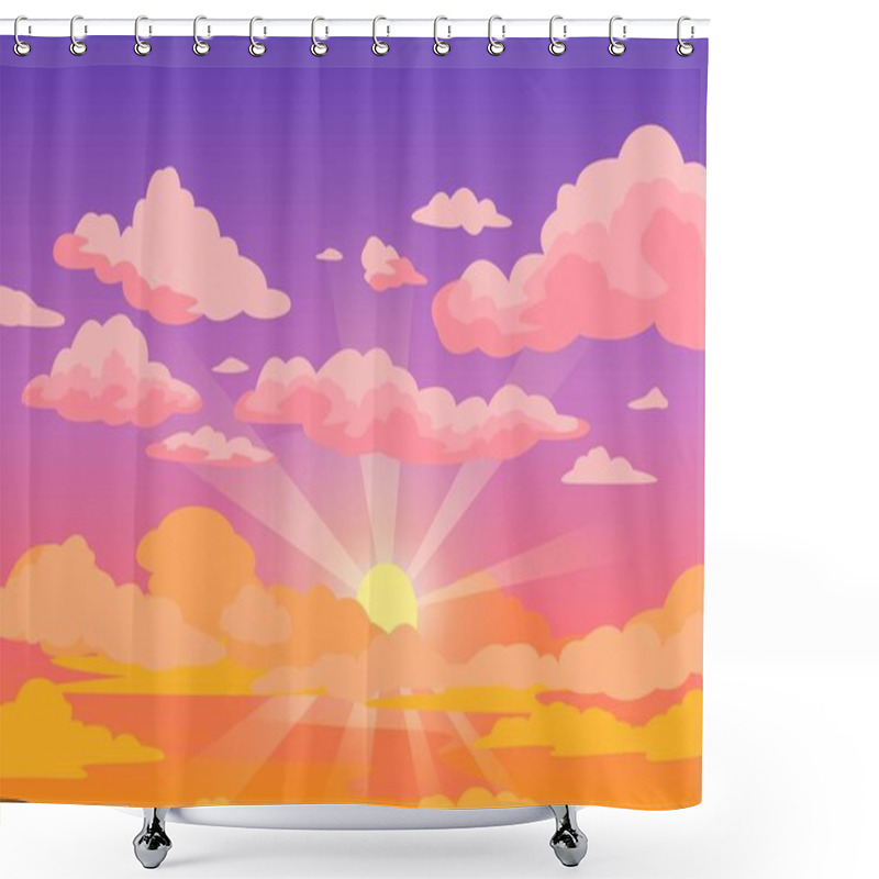 Personality  Sunset Sky With Clouds. Beautiful Purple To Yellow Sky Anime Background With Sunrays And Pink Fluffy Clouds. Cartoon Vector Illustration Shower Curtains