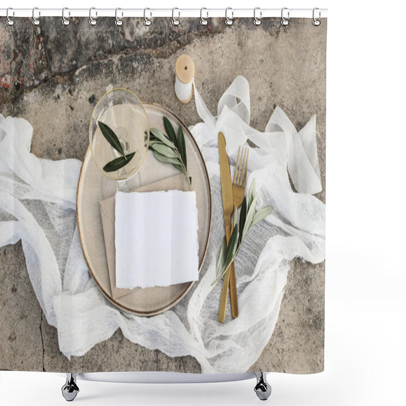 Personality  Festive Wedding Summer Table Setting. Golden Cutlery, Olive Branch, Glass Of Wine And Envelope On Porcelain Dinner Plate. Grunge Concrete Background. Blank Card, Invittation Mockup. Flat Lay, Top View Shower Curtains