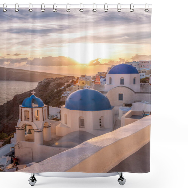 Personality  Oia Village With Churches Against Sunset On Santorini Island In Greece Shower Curtains