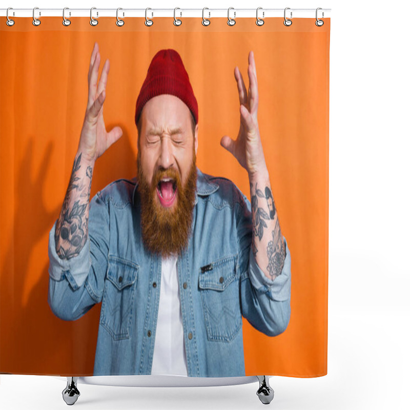 Personality  Photo Of Unsatisfied Negative Person Closed Eyes Open Mouth Scream Raise Arms Isolated On Orange Color Background. Shower Curtains