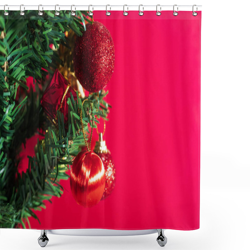 Personality  Christmas Tree Decorations, Including Ornaments, Baubles And Gifts On A Vibrant Red Background With Copy Space. Perfect For Holiday Designs, Seasonal Promotions, And Festive Celebrations. Shower Curtains