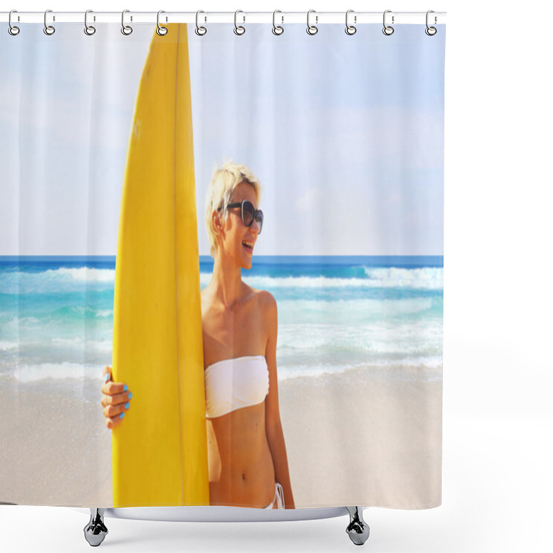 Personality  Surfer Girl On The Beach Shower Curtains