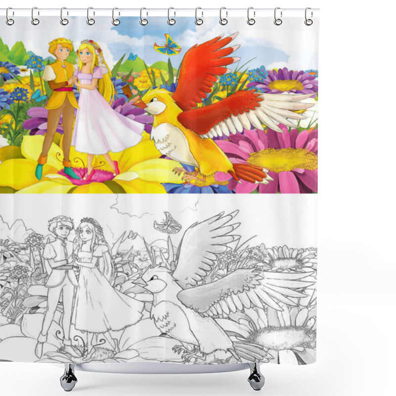 Personality  Cartoon Girl Princess And Prince With A Wild Bird Sketch Shower Curtains