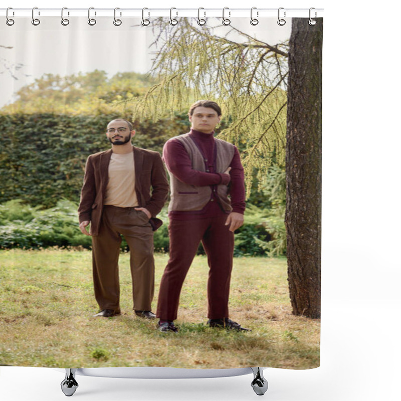 Personality  Handsome Men In Fashionable Fall Outfits Stand Confidently In A Lush, Green Field During Autumn. Shower Curtains