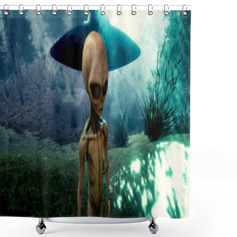 Personality  Extremely Detailed And Realistic High Resolution 3d Illustration Of A Grey Alien Standing In A Forest Shower Curtains