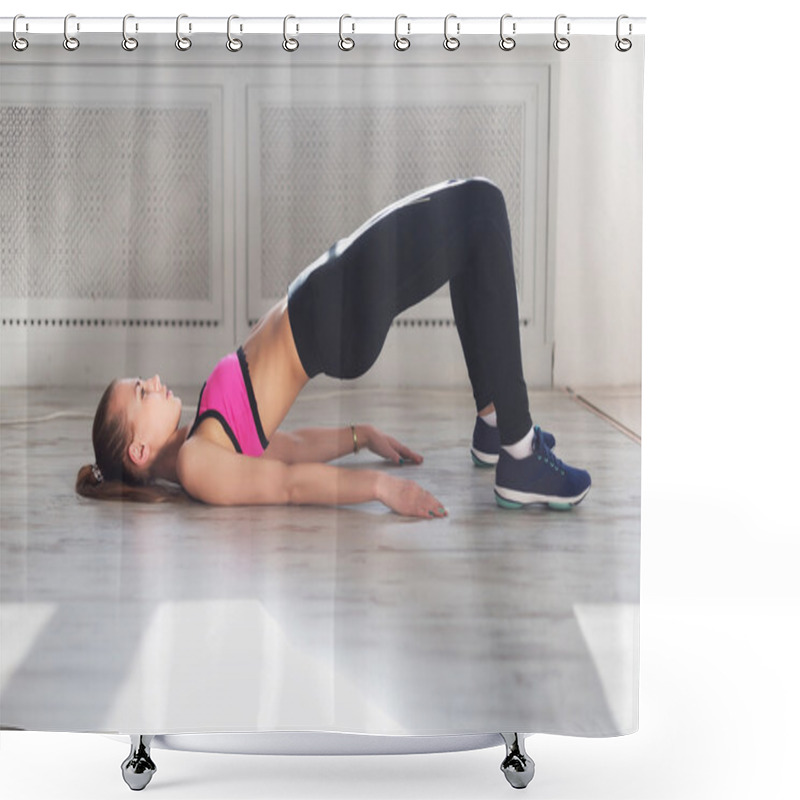 Personality  Side View Of Young Woman Doing Gymnastics The Half Bridge Pose In Fitness Studio Or Home Practices Yoga Warming Up Exercises For Spine, Backbend, Strengthening Back And Shoulders Muscles Shower Curtains