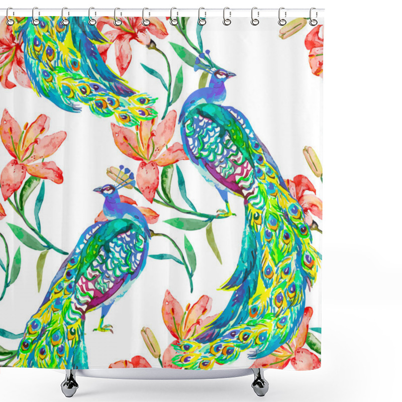 Personality  Beautiful Peacock Pattern.Vector. Peacocks And Lily. Shower Curtains