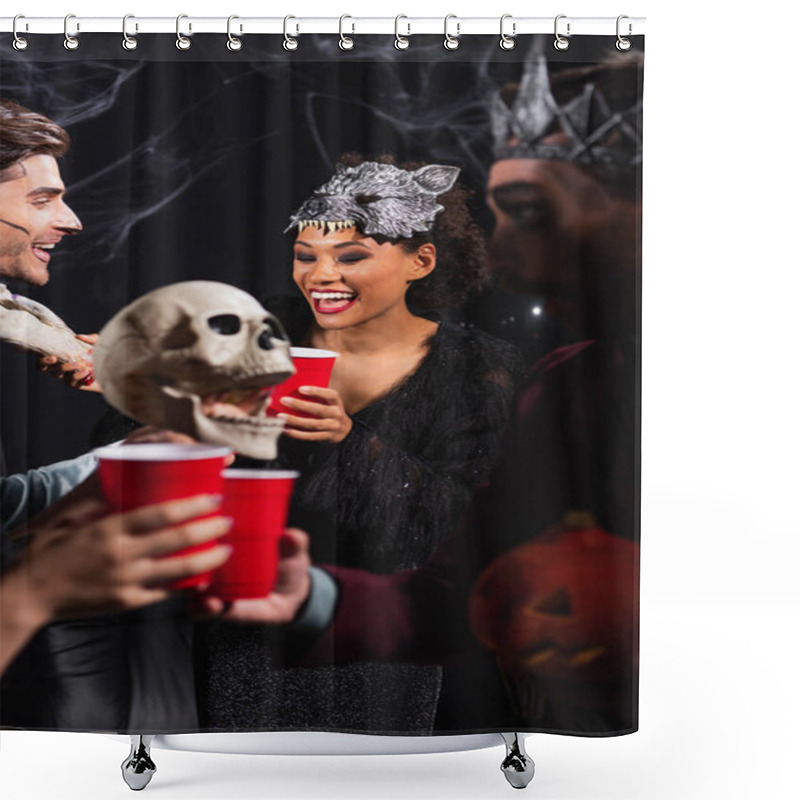 Personality  Cheerful Multiethnic Friends In Halloween Costumes Clinking Plastic Cups Near Scary Scull On Black Shower Curtains