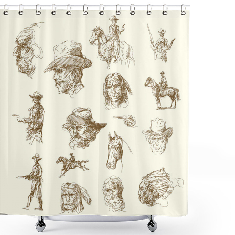 Personality  Indian Chiefs, Cowboys - Sketches, Hand Drawn Set Shower Curtains