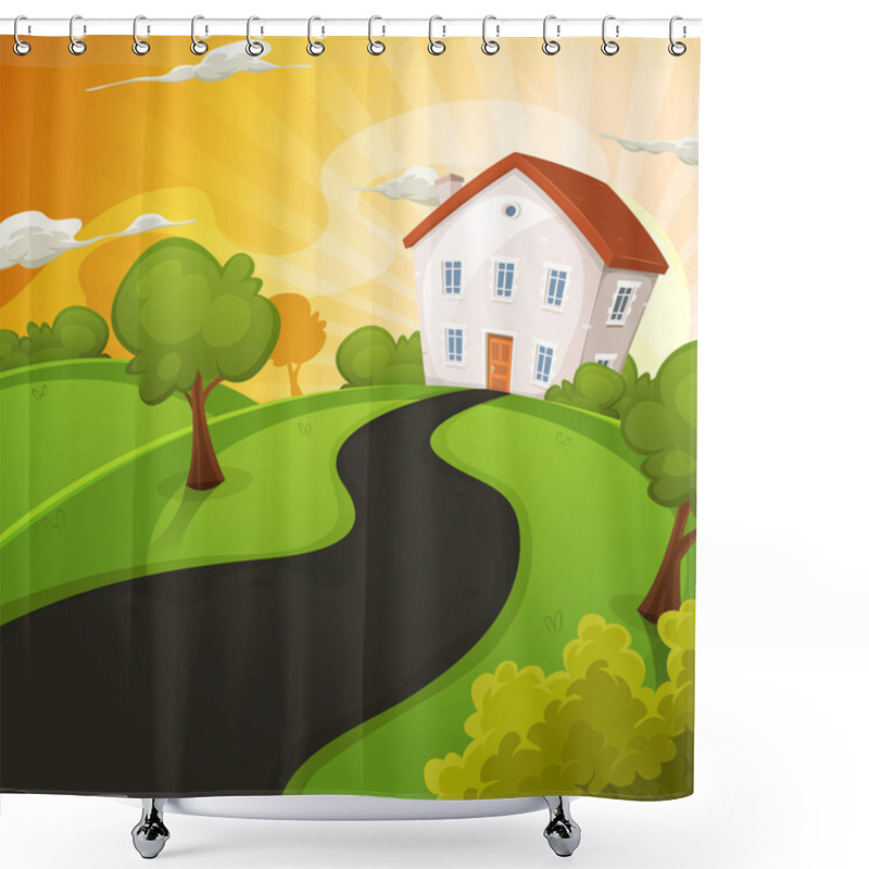 Personality  Summer House Inside Green Fields In Sunrise Shower Curtains