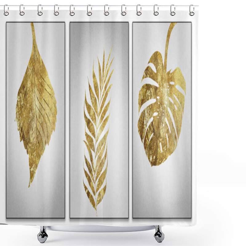 Personality  Golden Tropical Leaves On Silver Background. Modern Boho Art Canvas Artwork Decoration Shower Curtains