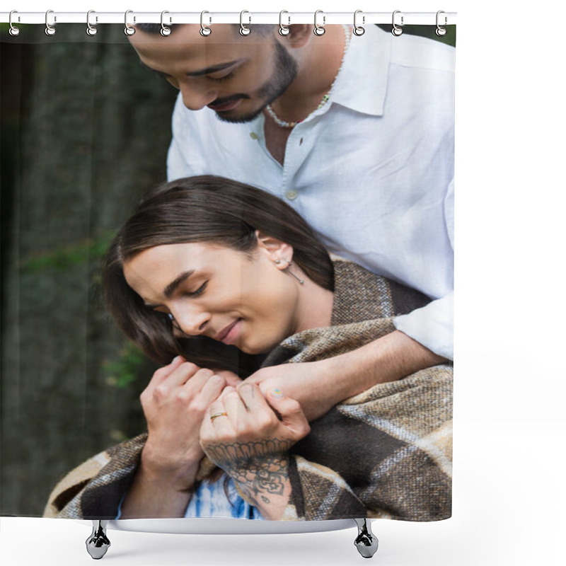 Personality  Bearded Gay Man Hugging Smiling Husband In Blanket With Wedding Ring On Finger Shower Curtains