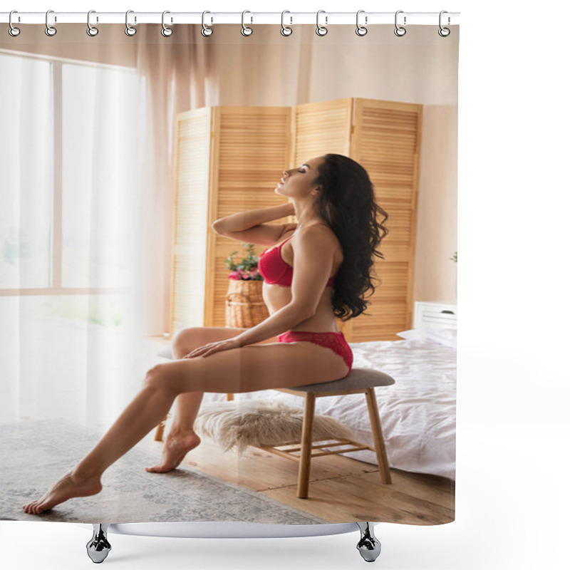 Personality  Side View Of Sexy Girl In Red Underwear Sitting On Bedside Bench With Closed Eyes Shower Curtains