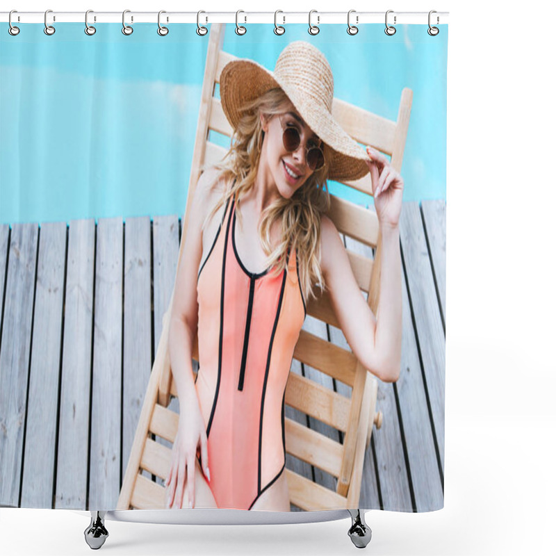 Personality  High Angle View Of Beautiful Smiling Young Woman In Swimsuit, Straw Hat And Sunglasses Resting On Chaise Lounge At Poolside Shower Curtains