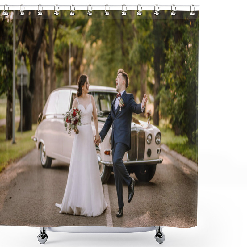 Personality  Valmiera, Latvia - August 19, 2023 - Joyful Bride And Groom Walking Hand In Hand On A Road, With A Vintage Car Behind, Groom Jubilantly Raising His Arm. Shower Curtains