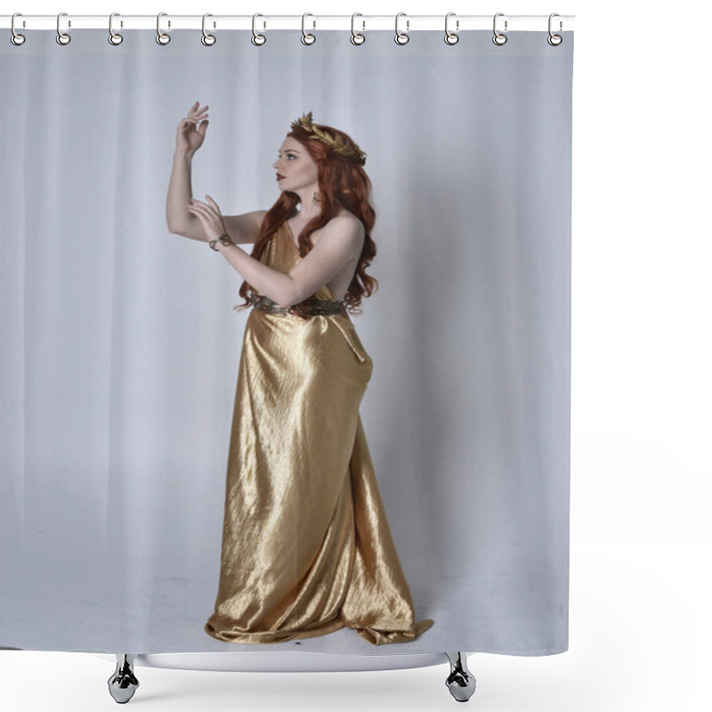 Personality  Full Length Portrait Of Girl With Red Hair Wearing Long Grecian Toga And Golden Wreath. Standing Pose In Side Profile,  Isolated Against A Grey Studio Background. Shower Curtains