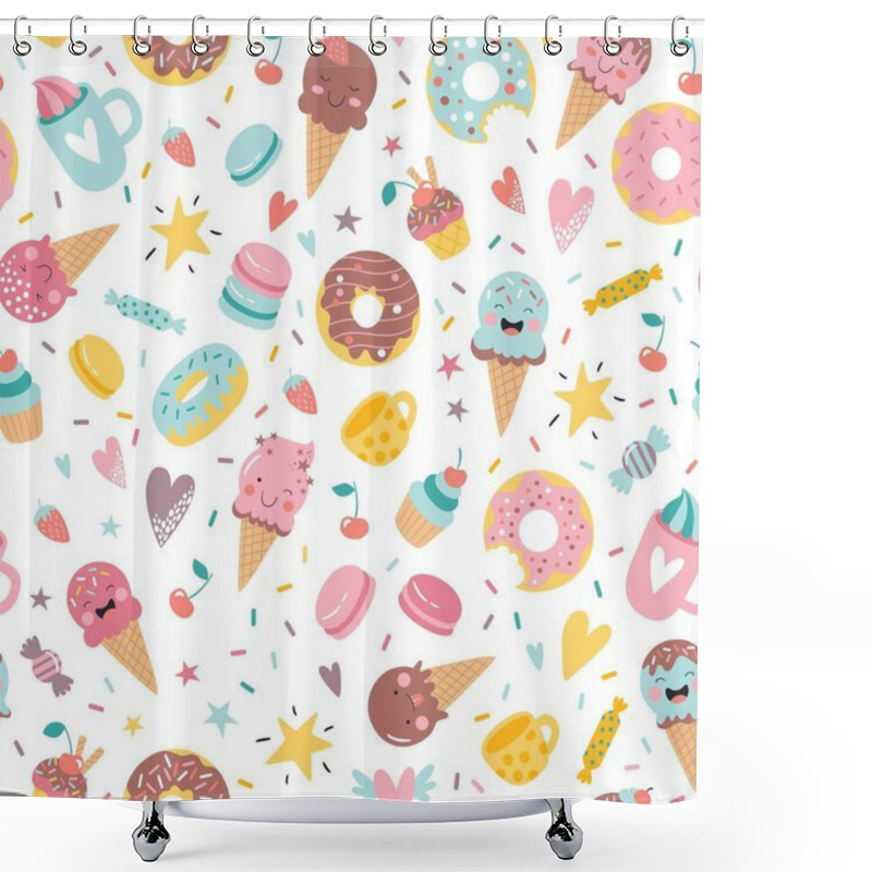 Personality  Cute Hand Drawn Ice Cream, Donuts, Cupcakes, Candies And Sweets Seamless Pattern Background. Creative Nursery Background. Perfect For Kids Design, Fabric, Wrapping, Wallpaper, Textile, Apparel Shower Curtains