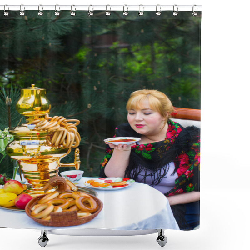 Personality  Cheeked Russian Cheerful Young Woman With A Scarf Draped Pavlopo Shower Curtains