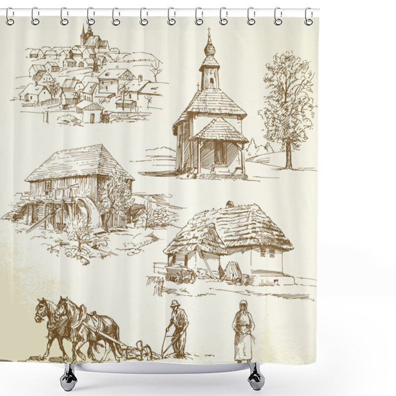 Personality  Rural Landscape, Agriculture - Hand Drawn Collection Shower Curtains