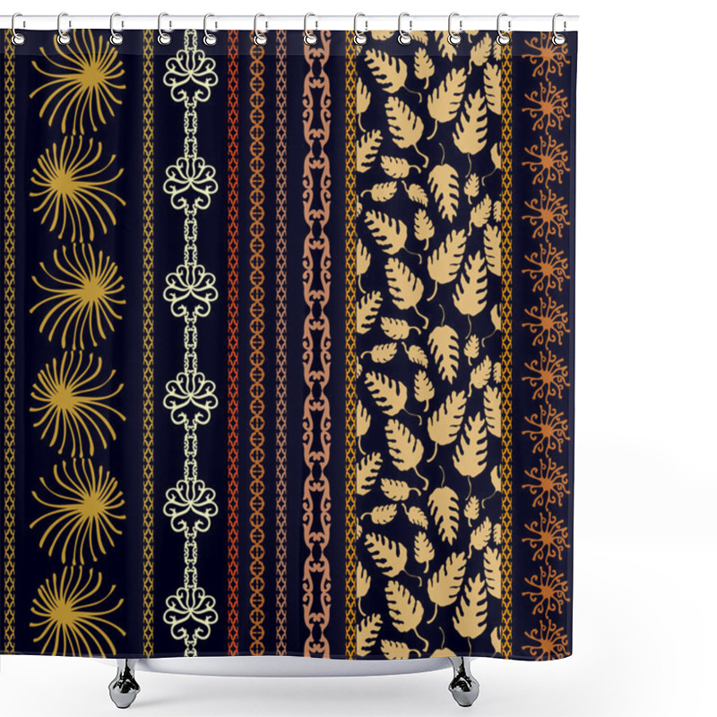 Personality  Set Of Bohemian Borders With Floral Motifs. Hand Drawn Seamless Leaves Pattern, Sun Symbol, Damask Border, Geometric Stripes.  Shower Curtains