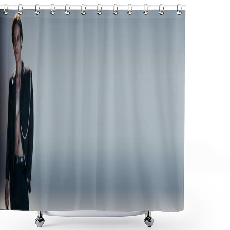 Personality  Stylish Man With Hairy Chest And Trendy Suit With Pearl Chain Posing With Hand In Pocket On Dark Grey, Banner Shower Curtains