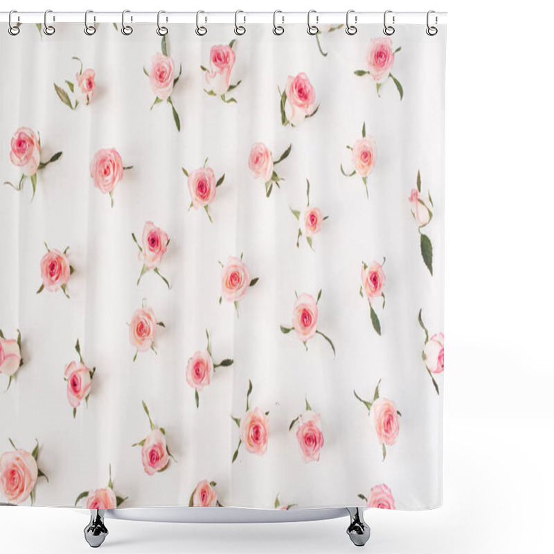 Personality  Floral Composition With Pink Rose Flower Buds And Leaves Pattern Texture On White Background. Flatlay, Top View. Shower Curtains