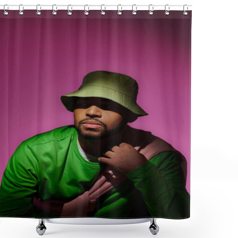 Personality  Handsome Bearded Man In Green Panama With Sweatshirt Tied On His Shoulders, Fashion Concept Shower Curtains