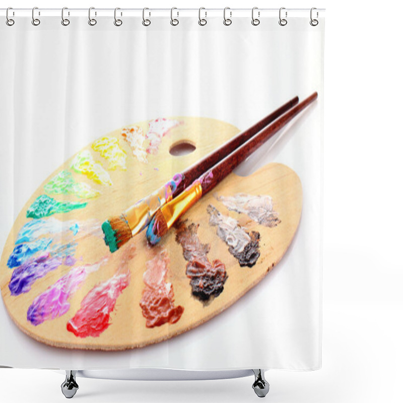 Personality  Wooden Art Palette With Blobs Of Paint And A Brush On White Back Shower Curtains