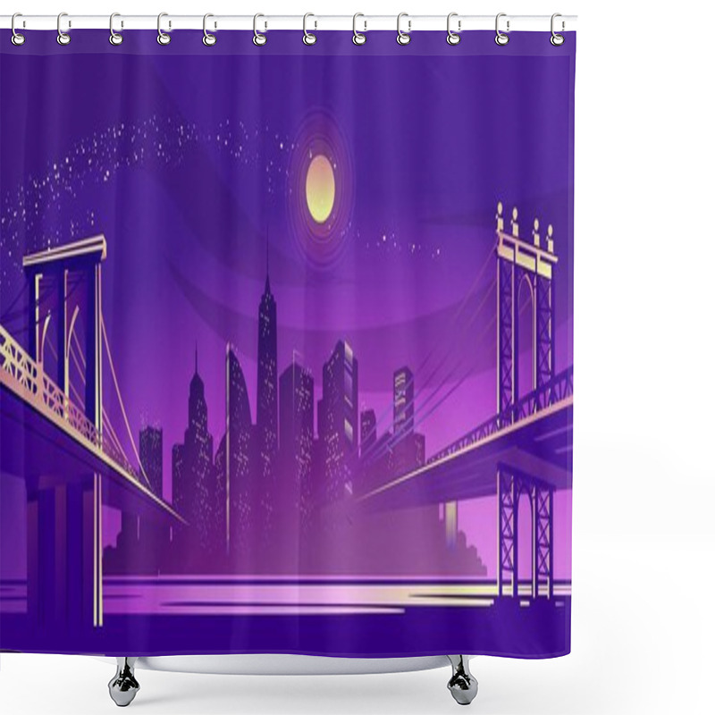 Personality  Vector Horizontal Illustration Of A Silhouette Of A Night Fog City, Lit By Lights And Moonlight, Two Bridges Led To The Other Side Shower Curtains