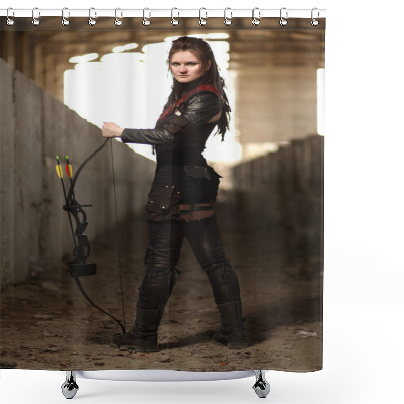 Personality  Tribal Girl In Leather Costume With Bow And Arrow Inside Post-apocalyptic World. Shower Curtains